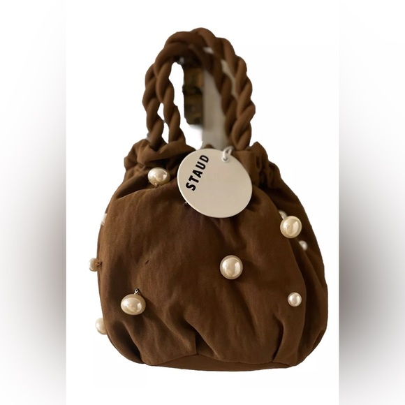 Staud Brown / Coffee  Pearl Grace Bag Faux Pearl Bead Accent Top Handle NWT - Picture 2 of 5